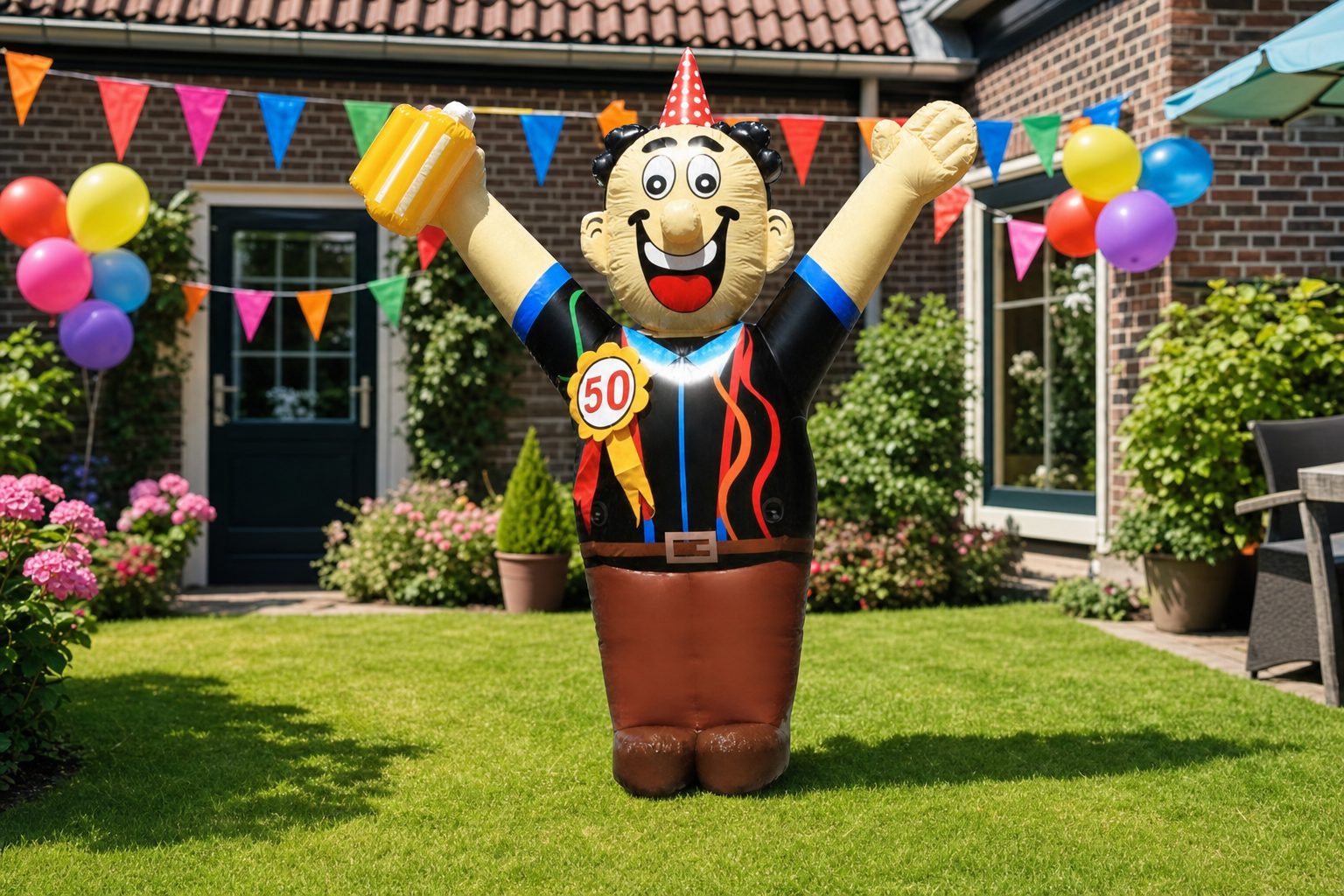 Versierde tuin met opblaasbare Abraham-pop voor een 50e verjaardag van een man