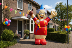 Opblaasbare Sarah-pop met slingers en ballonnen voor een woning tijdens een 50e verjaardag