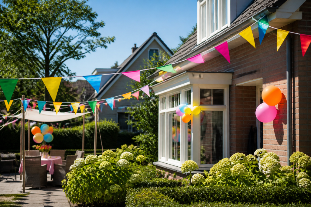 Grote opblaaspop neergezet in de tuin tijdens een pensioenfeest