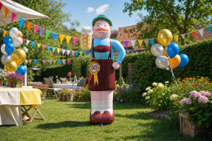Versierde tuin met ballonnen en een opblaaspop voor de 50e verjaardag van een man